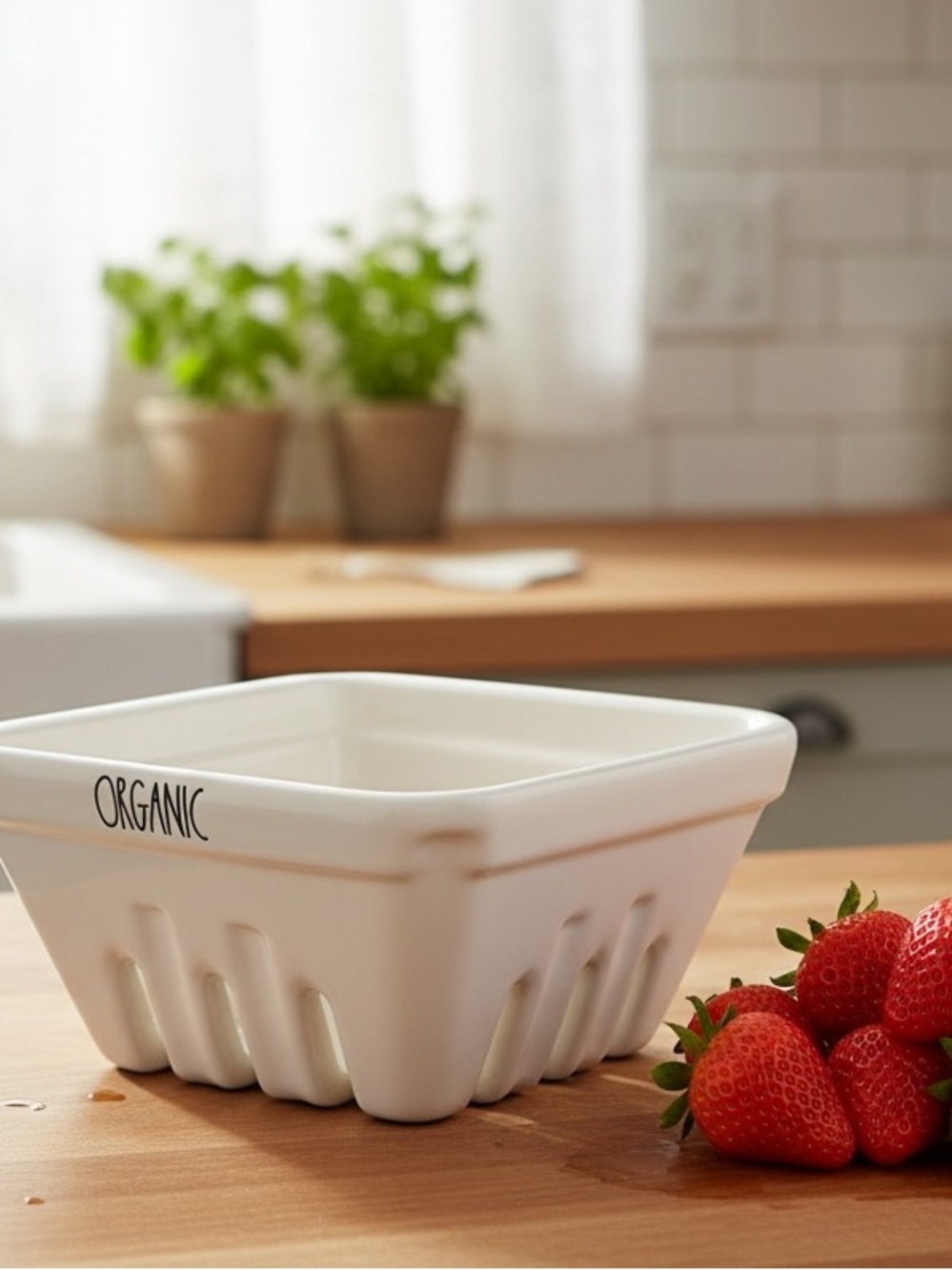 Rae Dunn Ceramic “Organic” Strawberry Berry Bowl Colander Strainer